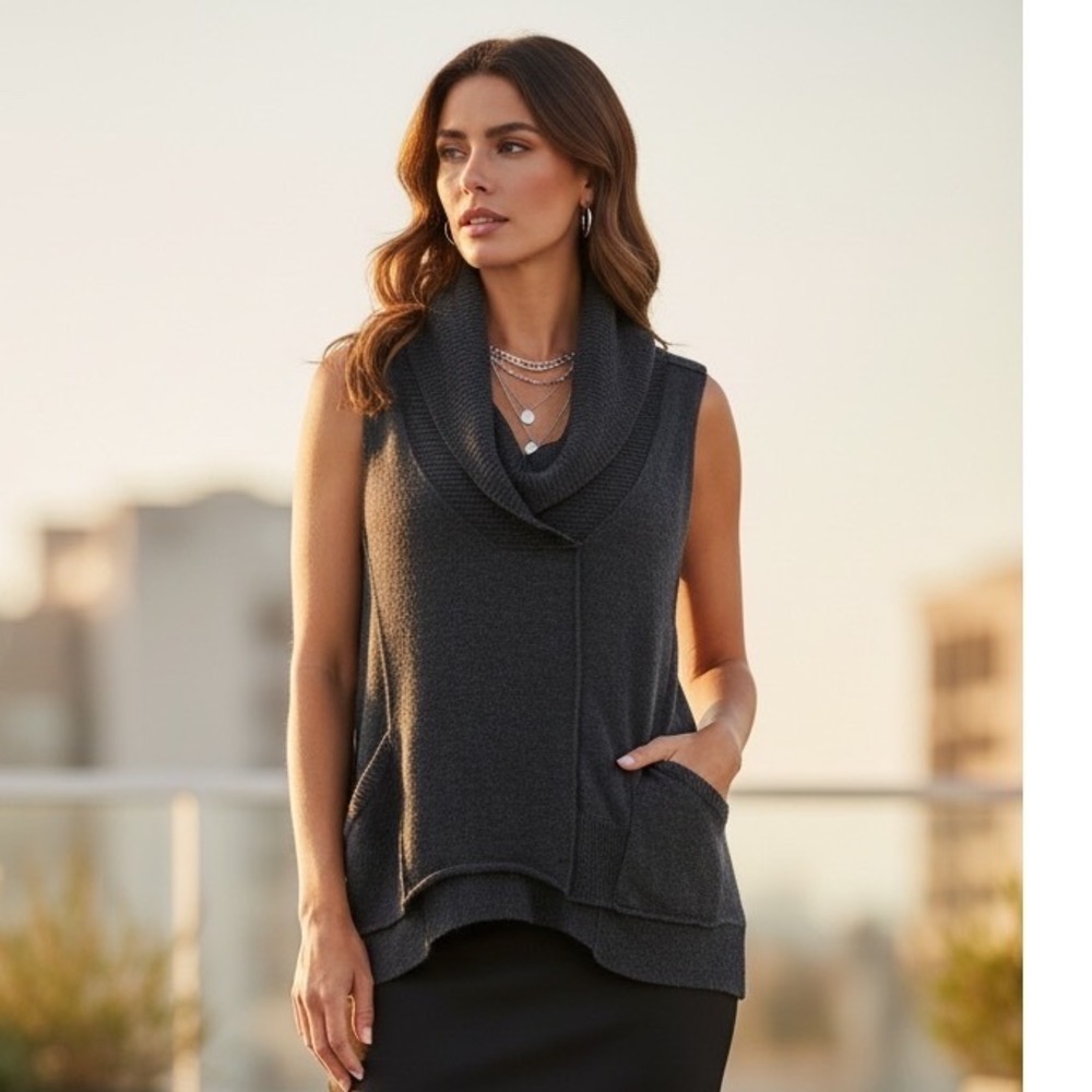 Eileen Fisher Merino Wool Cowl Neck Sweater Vest Charcoal Gray Raw‎ Hem PM